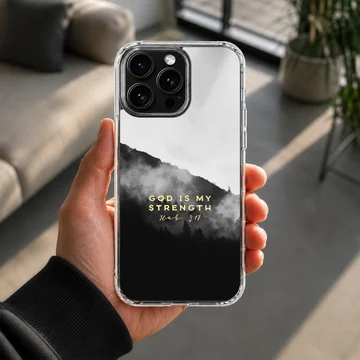 Christian phone case featuring a misty mountain landscape in black and white with golden scripture typography — Lifestyle