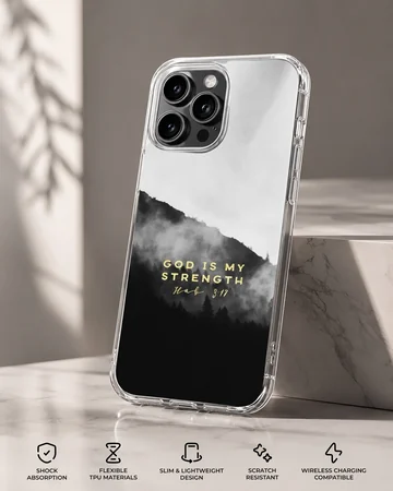 Christian phone case featuring a misty mountain landscape in black and white with golden scripture typography — Specs