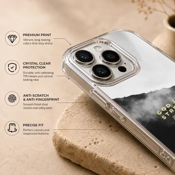 Christian phone case featuring a misty mountain landscape in black and white with golden scripture typography — Info
