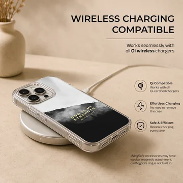 Christian phone case featuring a misty mountain landscape in black and white with golden scripture typography — Charging