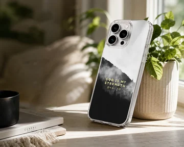 Christian phone case featuring a misty mountain landscape in black and white with golden scripture typography — Lifestyle