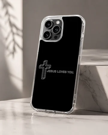 A black phone case featuring a white outlined cross and the text JESUS LOVES YOU in a clean minimalist font. — Hero