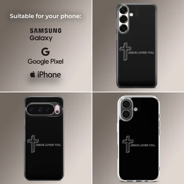 A black phone case featuring a white outlined cross and the text JESUS LOVES YOU in a clean minimalist font. — Collage