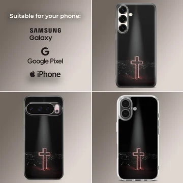 Glowing neon cross design against a dark city background on a phone case — Collage