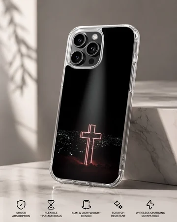 Glowing neon cross design against a dark city background on a phone case — Specs