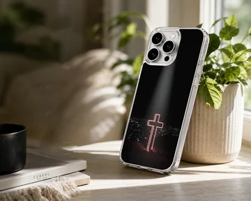 Glowing neon cross design against a dark city background on a phone case — Lifestyle