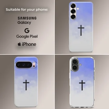 Christian cross symbol centered over a soft blue and white sky gradient on a phone case — Collage