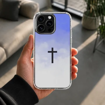 Christian cross symbol centered over a soft blue and white sky gradient on a phone case — Lifestyle