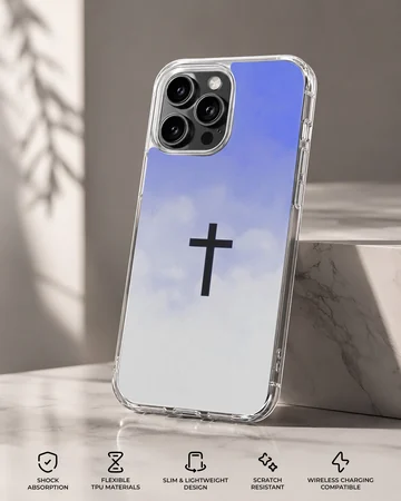 Christian cross symbol centered over a soft blue and white sky gradient on a phone case — Specs