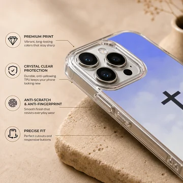 Christian cross symbol centered over a soft blue and white sky gradient on a phone case — Info