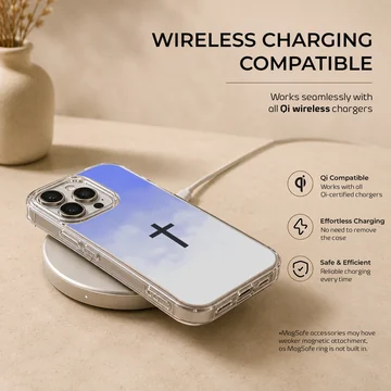 Christian cross symbol centered over a soft blue and white sky gradient on a phone case — Charging