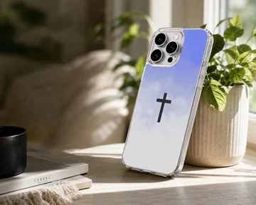 Christian cross symbol centered over a soft blue and white sky gradient on a phone case — Lifestyle