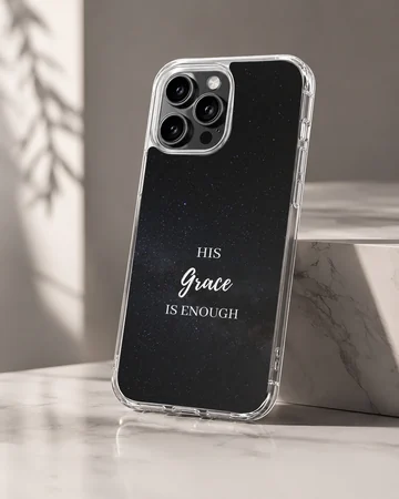 Christian phone case featuring the quote His Grace Is Enough over a starry night sky background — Hero