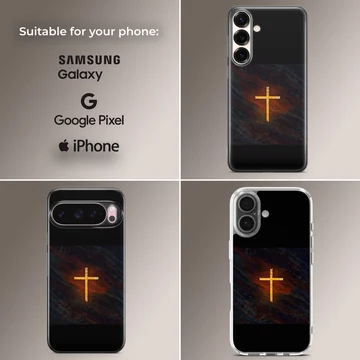 Christian cross glowing brightly against a dark textured background on a phone case — Collage