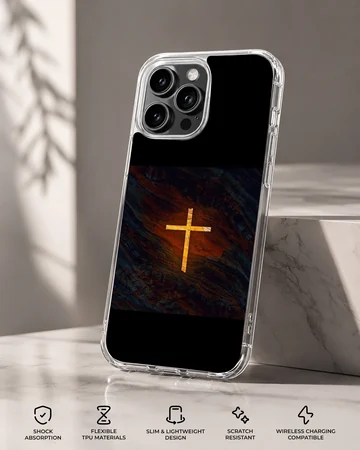 Christian cross glowing brightly against a dark textured background on a phone case — Specs
