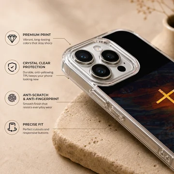 Christian cross glowing brightly against a dark textured background on a phone case — Info