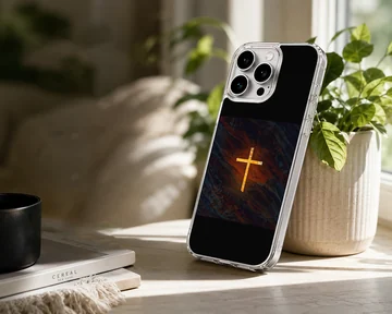 Christian cross glowing brightly against a dark textured background on a phone case — Lifestyle
