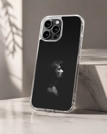 Monochrome portrait of a figure wearing a crown of thorns on a black background phone case — Hero