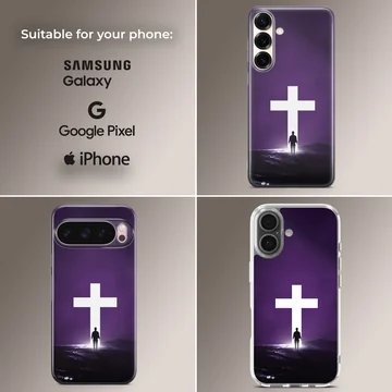 A digital illustration of a solitary figure standing before a glowing white cross against a dark purple background on a phone case — Collage