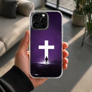 A digital illustration of a solitary figure standing before a glowing white cross against a dark purple background on a phone case — Lifestyle
