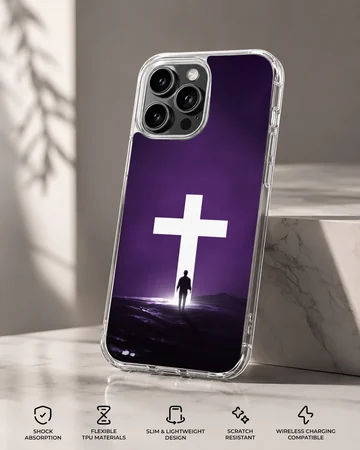 A digital illustration of a solitary figure standing before a glowing white cross against a dark purple background on a phone case — Specs