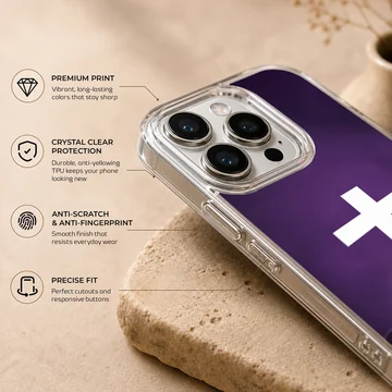 A digital illustration of a solitary figure standing before a glowing white cross against a dark purple background on a phone case — Info