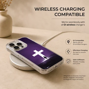 A digital illustration of a solitary figure standing before a glowing white cross against a dark purple background on a phone case — Charging