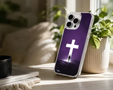 A digital illustration of a solitary figure standing before a glowing white cross against a dark purple background on a phone case — Lifestyle