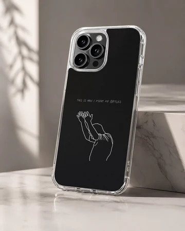 Minimalist white line art of hands raised in worship with Christian typography on a black matte phone case — Hero