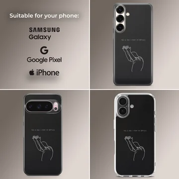 Minimalist white line art of hands raised in worship with Christian typography on a black matte phone case — Collage