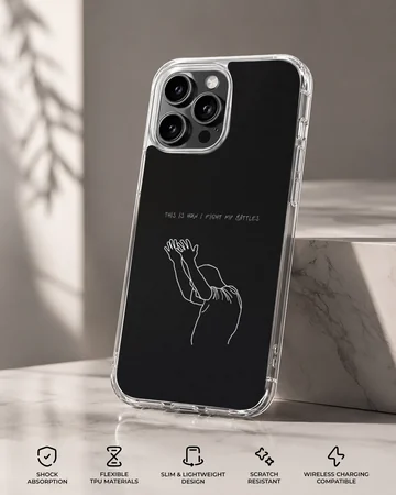 Minimalist white line art of hands raised in worship with Christian typography on a black matte phone case — Specs