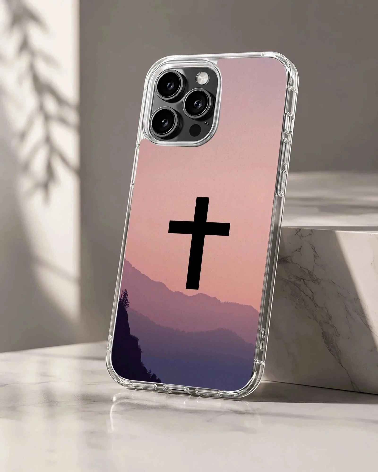 Christian cross phone case with a gradient mountain sunset landscape art