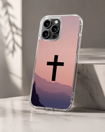 Christian cross phone case with a gradient mountain sunset landscape art — Hero