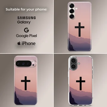 Christian cross phone case with a gradient mountain sunset landscape art — Collage