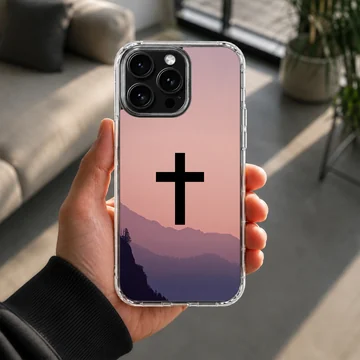 Christian cross phone case with a gradient mountain sunset landscape art — Lifestyle