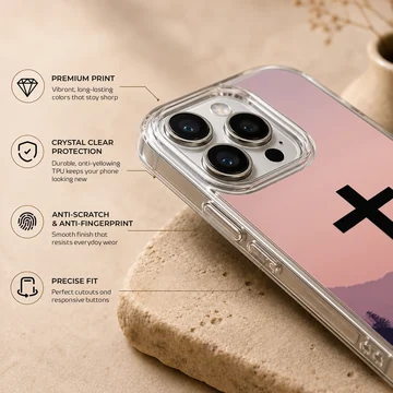 Christian cross phone case with a gradient mountain sunset landscape art — Info