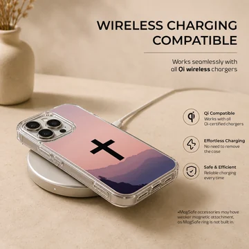 Christian cross phone case with a gradient mountain sunset landscape art — Charging