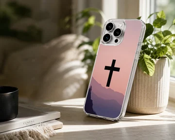 Christian cross phone case with a gradient mountain sunset landscape art — Lifestyle
