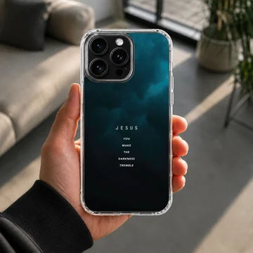 Christian quote typography printed on a dark blue gradient background phone case — Lifestyle