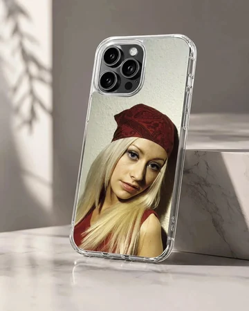 Photographic portrait of a blonde woman wearing a red paisley bandana printed on a phone case