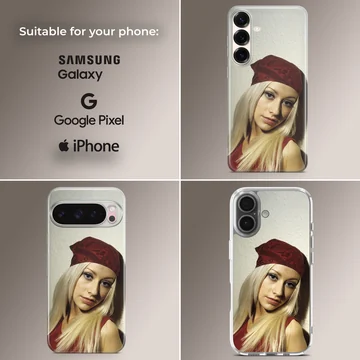 Photographic portrait of a blonde woman wearing a red paisley bandana printed on a phone case — Collage