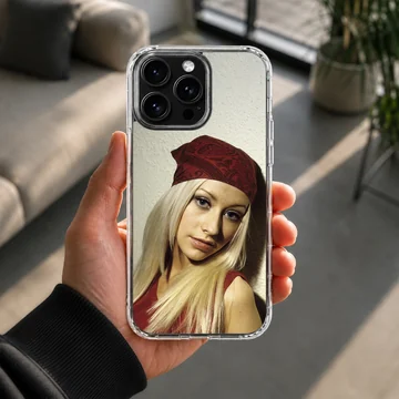 Photographic portrait of a blonde woman wearing a red paisley bandana printed on a phone case — Lifestyle
