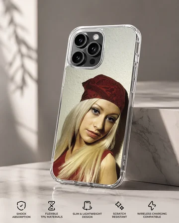 Photographic portrait of a blonde woman wearing a red paisley bandana printed on a phone case — Specs