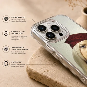 Photographic portrait of a blonde woman wearing a red paisley bandana printed on a phone case — Info