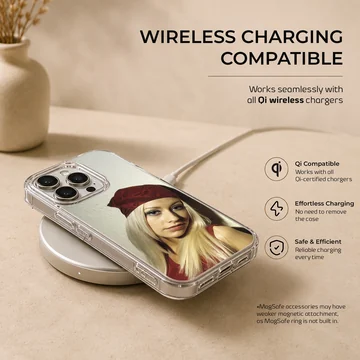 Photographic portrait of a blonde woman wearing a red paisley bandana printed on a phone case — Charging
