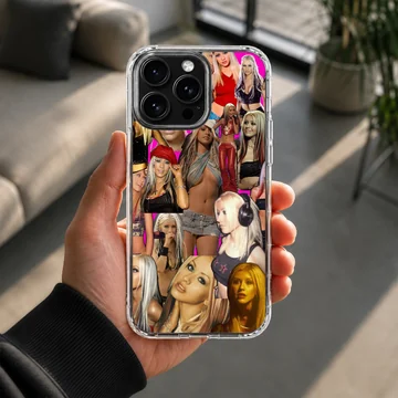 Vibrant pop nostalgia photo collage featuring Christina Aguilera on a matte finish phone case — Lifestyle