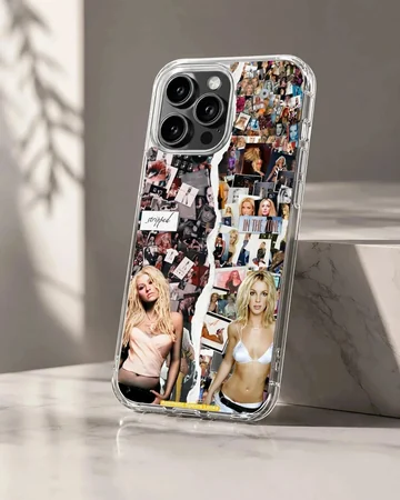 A decorative phone case featuring a nostalgic pop music photo collage with a split tear design