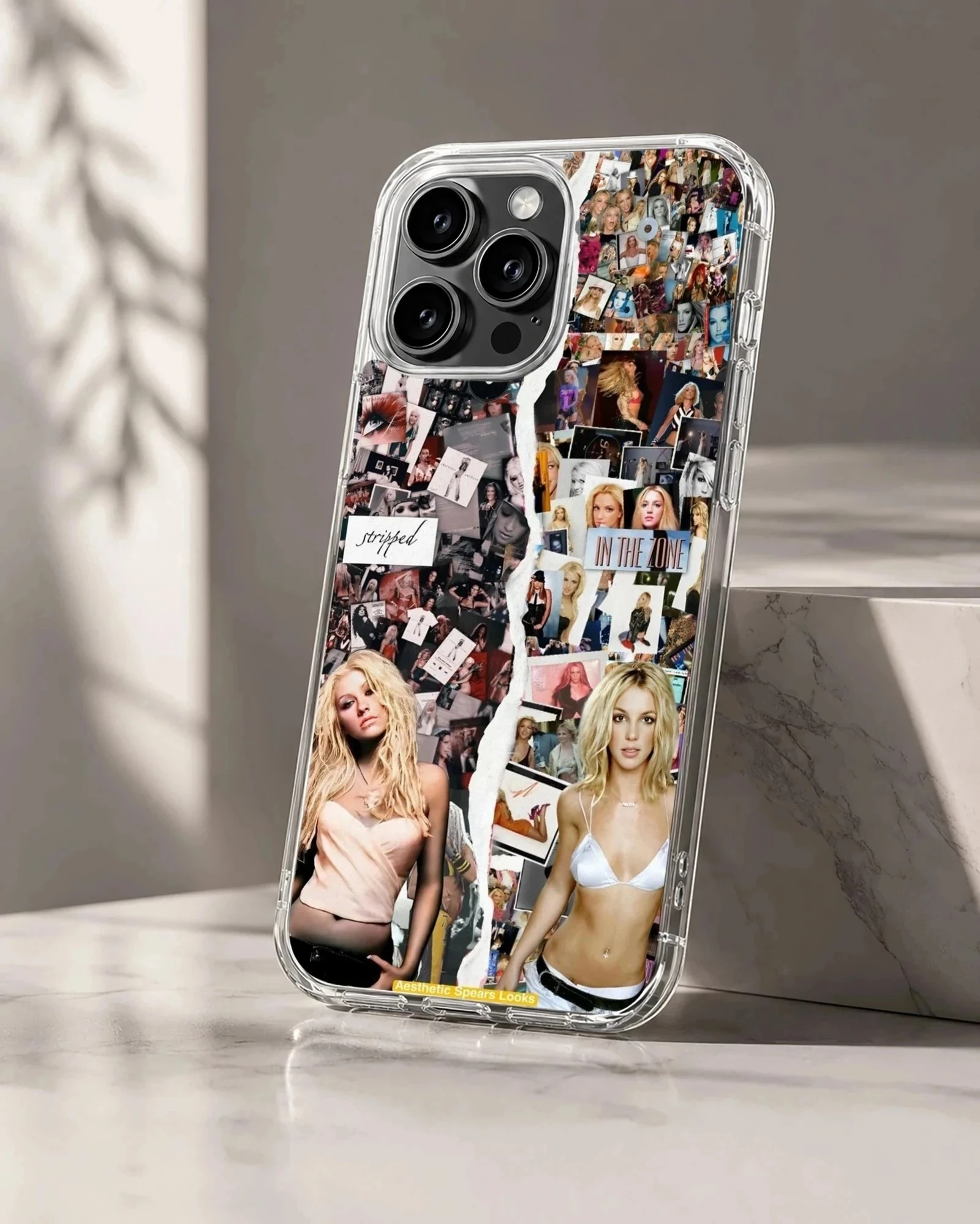 A decorative phone case featuring a nostalgic pop music photo collage with a split tear design