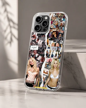 A decorative phone case featuring a nostalgic pop music photo collage with a split tear design — Hero