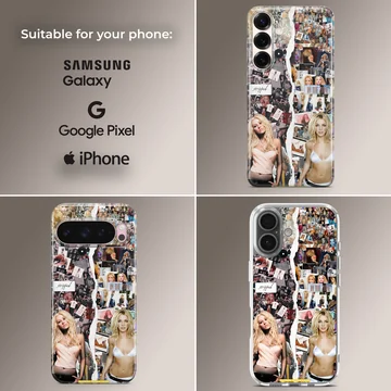A decorative phone case featuring a nostalgic pop music photo collage with a split tear design — Collage